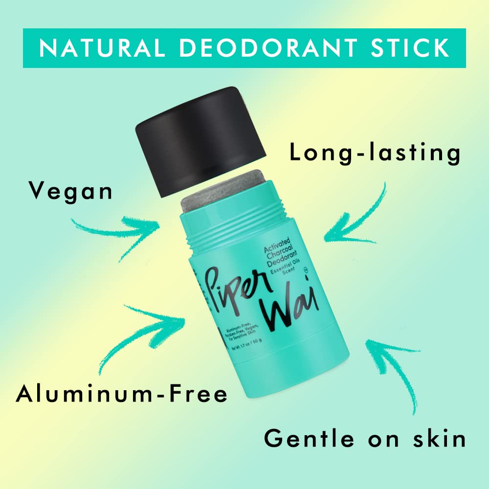 PiperWai Natural Deodorant w/Activated Charcoal | 24-Hour Sweat Protection, Vegan, Aluminum Free Deodorant for Women & Men | Travel Essential Shark Tank Product | 50g Scented Stick