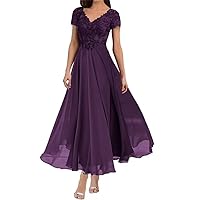 Floral Lace Tea Length Mother Bride Dress with Sleeves Chiffon Plum Beach Mother of The Groom Dress, US 6