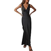 Women's Summer Dresses Casual Solid Color V Neck Sleeveless Sexy Temperament Ladies Lace Up Maxi Dress(Black,Large