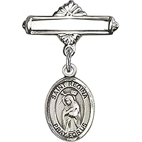 Baby Badge with St. Regina Charm and Polished Badge Pin | Sterling Silver Baby Badge with St. Regina Charm and Polished Badge Pin - Made In USA
