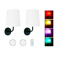 HEQIQEH Rustic Vintage Battery Operated RGB Wall Sconce Light Fixture with Remote Control, Flared Funnel Linen Fabric Shade Dimmable Nightstand Lamps for Bedroom, Set of 2 (Black)