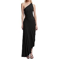 XBTCLXEBCO Women One Shoulder Pleated Maxi Dress Summer Sleeveless Cutout Irrgular Hem Bodycon Long Dress Cocktail Party Gown
