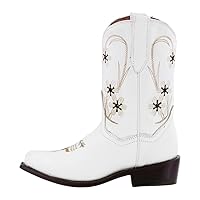 Kids White Flower Embroidered Western Cowboy Boots Snip Toe