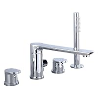 Bathtub Faucet with Hot and Cold Water, 4 Holes Double Handle Bathroom Tub Faucet Deck Mounted Brass Bath Shower Mixer Taps with Handheld Shower