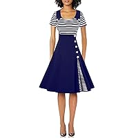 Wellwits Women's Vintage Pin Up A Line Stripes Sailor Dress