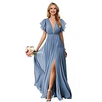 V Neck Bridesmaid Dresses with Ruffle Sleeve for Wedding Long Slit Chiffon Formal Evening Gown for Women