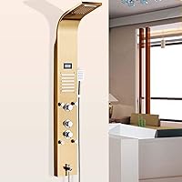 Shower System Thermostatic Waterfall Rainfall Shower Panel Tower Shower Column Hand Shower Body Massage Jets Shower Set Tap 6 Functions Temperature Display Shower,Gold,7functions