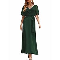A-Line Simplicity Mother of The Bride Dress V Neck Short Sleeve Ankle Length Chiffon Wedding Guest Dress with 2024