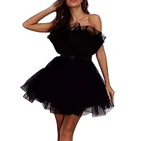 Tulle Dress Women Short Puffy Prom Dress Strapless Mesh Birthday Fairy Dresses Ruffle Cocktail Party Poofy Gown