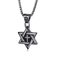 Black Stainless Steel Jewish Charm Cross Star of David Pendant Necklace with 24 Inch Chain