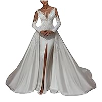 Split Silk Satin Beading Bridal Ball Gown with Detachable Train Mermaid Wedding Dresses for Bride Long Sleeve Plus Size