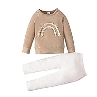 Mutual Baby Stuff Kids Tops Infant Rainbow Girls Pants Set Ribbed Toddler T-Shirt Outfits Boys Baby (Beige, 6-12 Months)
