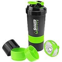 Protein Shaker Bottle - Sports Water Bottle - Non Slip 3 Layer Twist Off 3oz Cups with Pill Tray - Leak Proof Shake Bottle Mixer- Protein Powder 16 oz Shake Cup with Storage