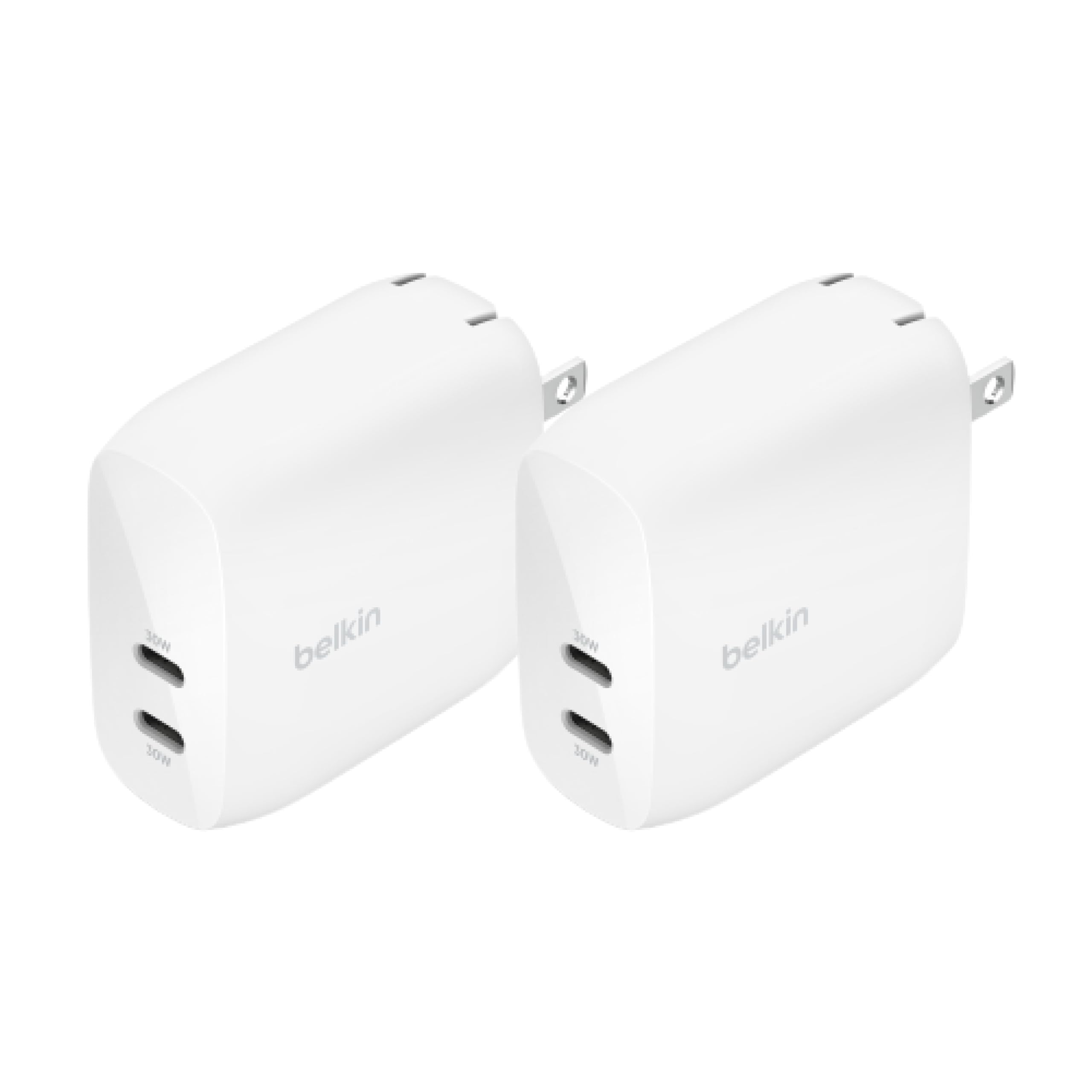 Belkin BoostCharge Dual USB-C Wall Charger with PPS 60W for Apple iPhone, iPad, Samsung Galaxy, Google Pixel - Compatible w/USB-C to Lightning Cable & USB-C to USB-C - White (2-Pack)