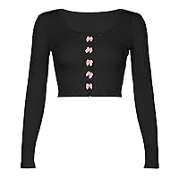 Women's Sexy Long Sleeve Tops for Woman Fashion Bow Lace Large Round Neck Chest Shape Skinny Waist Short Top, S-L