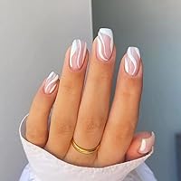 Foccna Press on Nails Acrylic White Square Fake Nails Short Simple Swirls Cute Women's False Nails with Design Nail Tips for Women&Girls, 24PCS