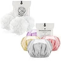 Bath Loofahs Sponge 4 Pack (White) & Shower Cap 4pack (Pink Yellow Gray Purple) for Men and Women