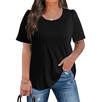CARRROTMOB Plus Size Womens Summer Tops Puff Short Sleeve Crew Neck Pleated T Shirts Loose Dressy Casual Blouses