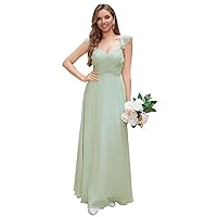 Chiffon Bridesmaid Dresses with Sleeves Pleated V Neck Long Maxi Dress Evening Dress Formal Wedding Guest Dress