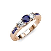 Round Blue Sapphire & Diamond Women Three Stone Engagement Ring with Blue Sapphire on Side Bar 0.81 ctw 14K Gold