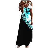 Beach Dresses Women's Summer Casual V Neck Cold Shoulder Sleeve Floral Print Splicing Lace High Waist Ruched Dress