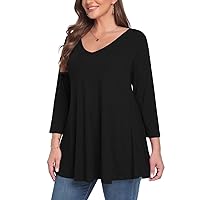 MONNURO Plus Size Tunic Tops for Women Loose Fit Dressy 3/4 Sleeve Shirt Casual V Neck Solid Color Blouses Tunic for Leggings