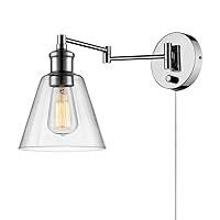 Globe Electric 65704 1-Light Plug-in or Hardwire Industrial Wall Sconce, Chrome Finish, On/Off Rotary Switch, 6ft Clear Cord, Clear Glass Shade, Lights for Bedroom, Kitchen Sconces, Bulb Not Included