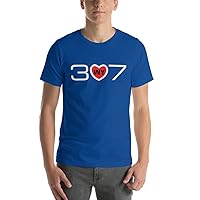 Area Code 307 (Wyoming) w/red Center Heart Design. Unisex t-Shirt, Dark Colors