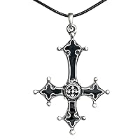 Gothic Jewelry Upside down inverted St Peter Cross Black Punk Rock Biker Heavy-Metal Fashion Satanic Protection Amulet Silver Pewter Men's Pendant necklace Lucky Charm Talisman w Black Leather Cord