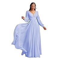 Chiffon Bridesmaid Dresses Long Pleated for Women V Neck Formal Party Maxi Gown with Long Puffy Sleeves DR0109