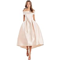 Off Shoulder Prom Dress for Women A Line Satin Midi Homecoming Dress Formal Cocktail Party Evening Gowns with Pockets