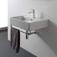 Scarabeo 8031/R-60-TB-One Hole Teorema Rectangular Wall Mounted Ceramic Sink with Polished Chrome Towel Bar, White