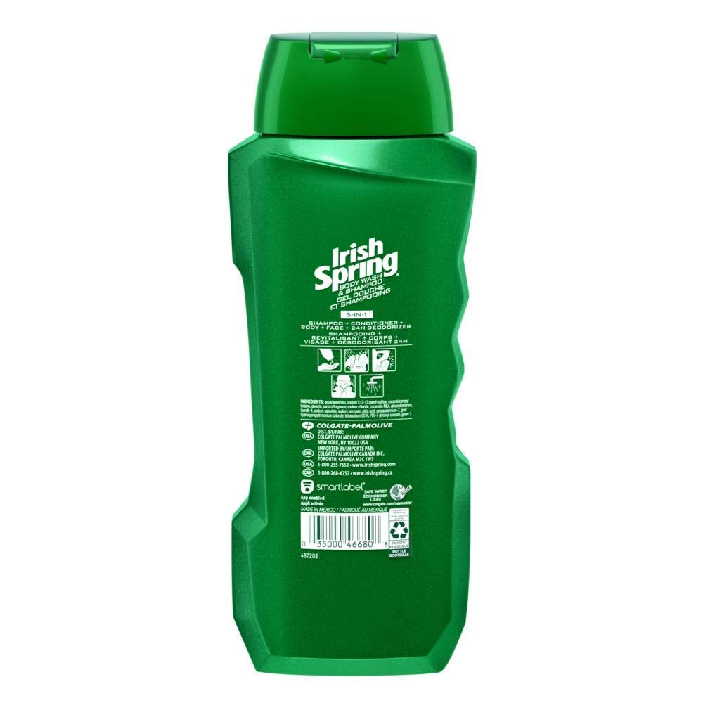 Irish Spring Body Wash & Shampoo - 5 in 1 - Net Wt. 18 FL OZ (532 mL) Per Bottle - Pack of 3 Bottles