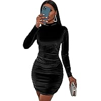 Womens Fall Fashion 2022 Ruched Mock Neck Velvet Bodycon Dress (Color : Black, Size : Small)