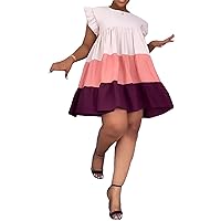 Womens Sexy Ruffles Sleeve O Neck Colorblock Ruched Party Clubwear Shirts Dress