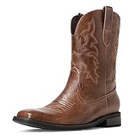 Brown Cowboy Boots for Men - Men's Western Boots With Embroidered, Slip Resistant Square Toe Faux Leather Ankle Boots, Durable and Fashionable Retro Classic Short Boots For Spring Fall Size 12