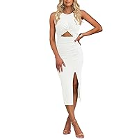 oten Women's Casual Sleeveless Cutout Twist Front Side Slit Ribbed Knit Party Bodycon Midi Dresses