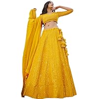 Embroidered Georgette Lehenga with Choli and Dupatta Mustard Color