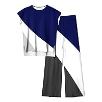 Women's 2 Piece Outfits Summer Geometric Color Block Loungewear Cap Sleeve High-Low Hem Tops and Wide Leg Pant Sets