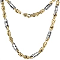 Semi Hollow 14k 2-tone Gold 6mm Milano Rope Figarope Chain Necklace & Bracelet for Men & Women High Polish 8-30 inch