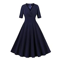 Ruched Wrap V Neck 1950s Retro Dress for Women Short Sleeve Empire Waist Cocktail Office Work A-Line Swing Dresses