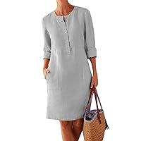 Women’s Cotton Linen Dresses Long Sleeve Crewneck Plus Size Casual Loose Dress with Pockets