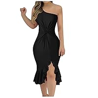 Prime of Day Travel Deals Summer Dresses for Women Trendy One-Shoulder Sleeveless Party Dress Elegant Ladies Front Twist Ruffle Bodycon Dress