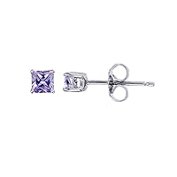 Sterling Silver White 4mm AAA Cubic Zirconia Amethyst Square Princess Solitaire Stud Earrings