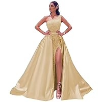Women's One Shoulder Sequin Prom Dresses Sparkly Mermaid Formal Long Satin Ball Gowns