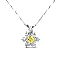 Round Yellow Sapphire & Natural Diamond 7/8 ctw Women Floral Halo Pendant Necklace. Included 18 Inches Chain 14K Gold