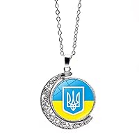 Tryzub Ukraine Flag Heart Necklace Ukrainian Symbol Pendant Necklace Chains Glass Jewelry Gifts