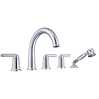 Roman Tub Faucet Set with Rough-in Valve and Hand Shower Bathroom Widespread Deck Mounted 5 Hole 3 Lever Handle Brass Bathtub Faucets High Flow High Arc Gooseneck Tub Filler Polished Chrome