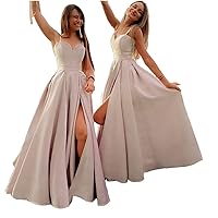 Women's Split Satin Prom Party Dresses Sweet Bridesmaid Dress with Pockets