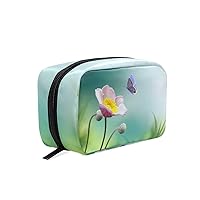 Beautiful Pink Flower Anemones And Fluttering Butterfly Printing Cosmetic Bag with Zipper Multifunction Toiletry Pouch Storage Bag for Women